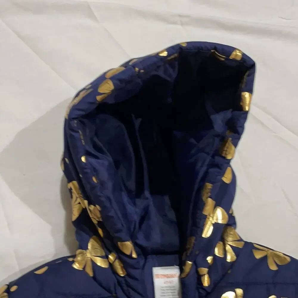 Gymboree S 5/6 navy blue gold bow hooded puffer jacket w/pockets etc